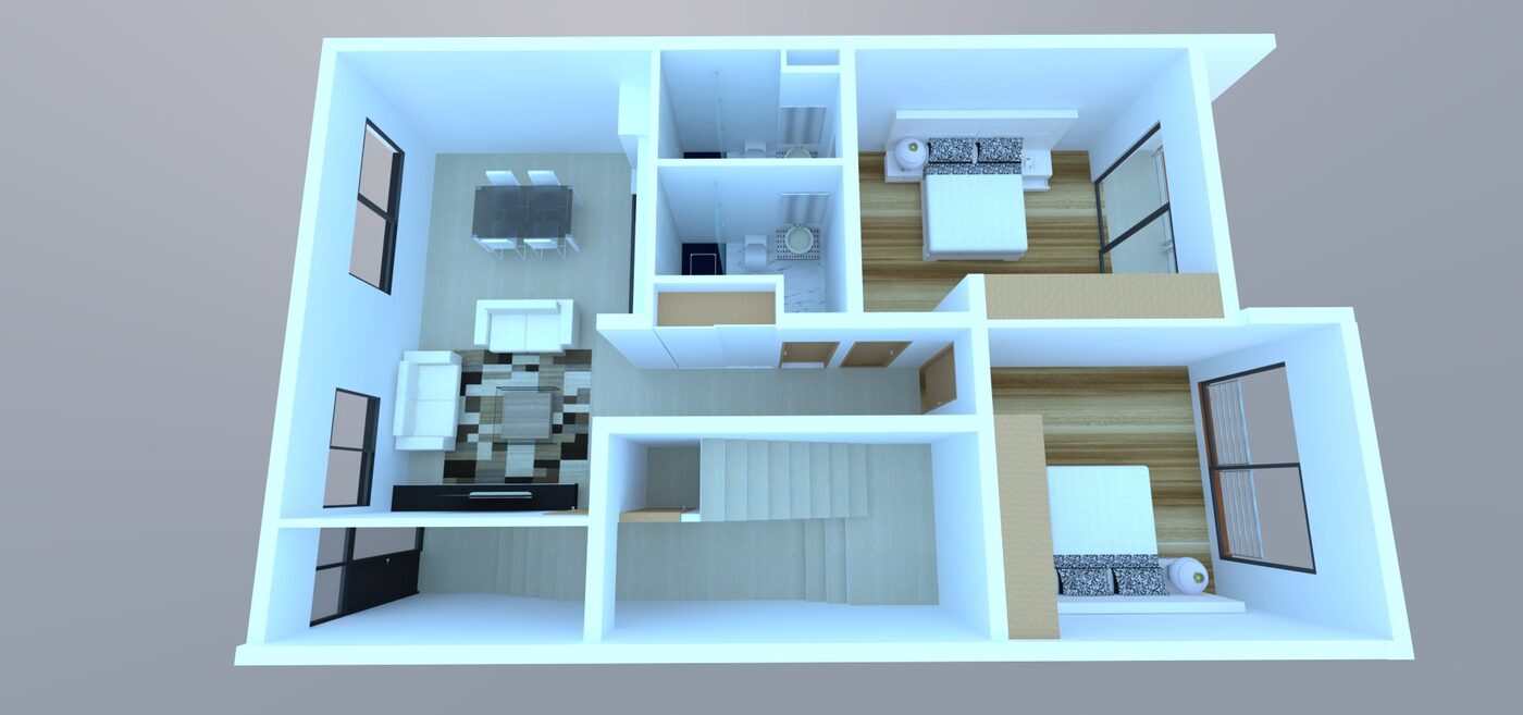 3D bovenaanzicht van een T2 appartement met woonkamer, keuken, suite en tweede slaapkamer